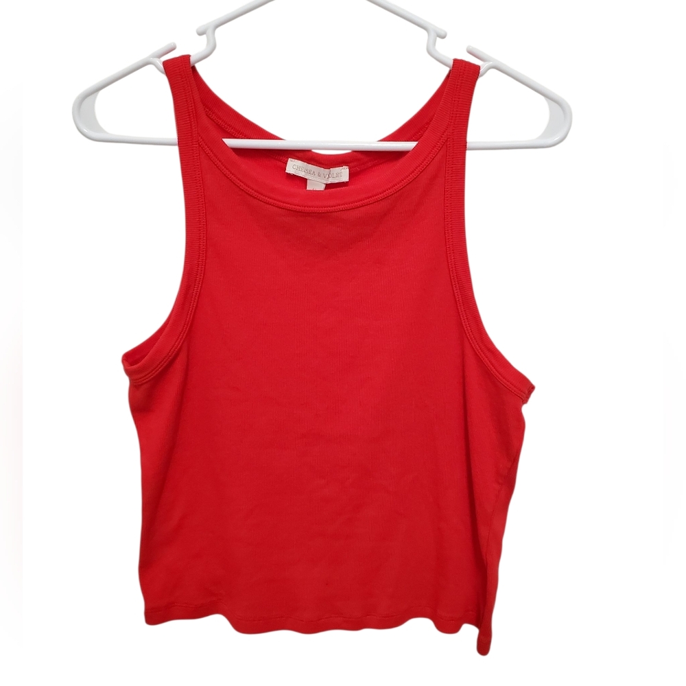 Chelsea & Violet Red Ribbed Knit Crew Neck Cropped Tank Top - Size Medium